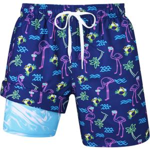 Uideazone Hawaiian Swim Trunks with Compression Liner for Men Blue Flamingo Plam Tree Graphic Bathing Suit Beach Board Shorts for Surf M