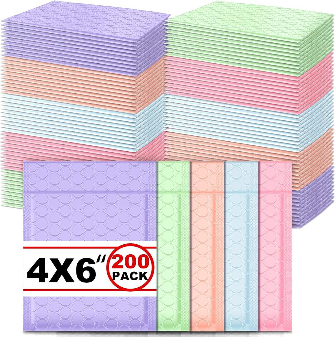 Gueevin 200 Pcs Bubble Mailer 4 x 6 Inch Small Shipping Bags Waterproof Padded Envelopes Self Adhesive Poly Bubble Packaging Envelopes Bulk for Shipping Mailing Trading Card Packaging (Pastel Color)