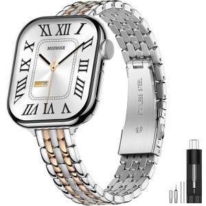MioHHR Slim Metal Bands Compatible with Apple Watch Band 38mm 40mm 41mm 42mm (Series 11 10), Thin Stainless Steel Strap Bands for Women iWatch Series 11 10 9 8 7 6 5 4 3 2 1 SE3/2/1, Silver/Rose Gold
