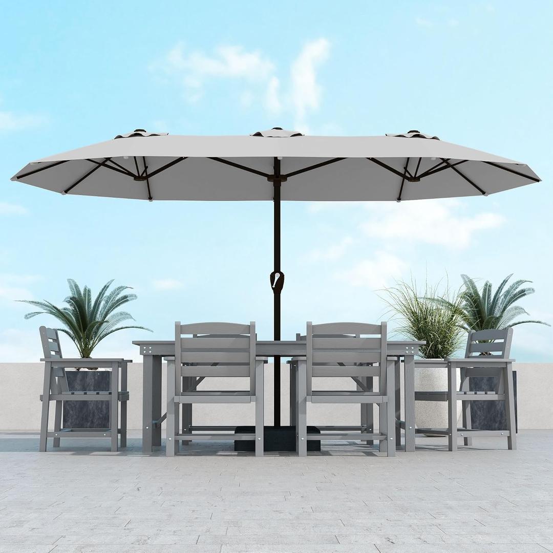 Kingdura 15ft Large Patio Umbrella with Base Included, Double-Sided Rectangle Outdoor Table Umbrella with 12 Reinforced Ribs, Crank Lift for Market Pool Deck Backyard, Light grey
