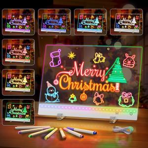 LED Note Board with Colors, Rechargeable LED Drawing Board with 7 Markers, 5 Mode 13.8" x 9.8" Acrylic Message Board with Light, Include Hanging Chain, Led Drawing Board with Stand for Room Decor