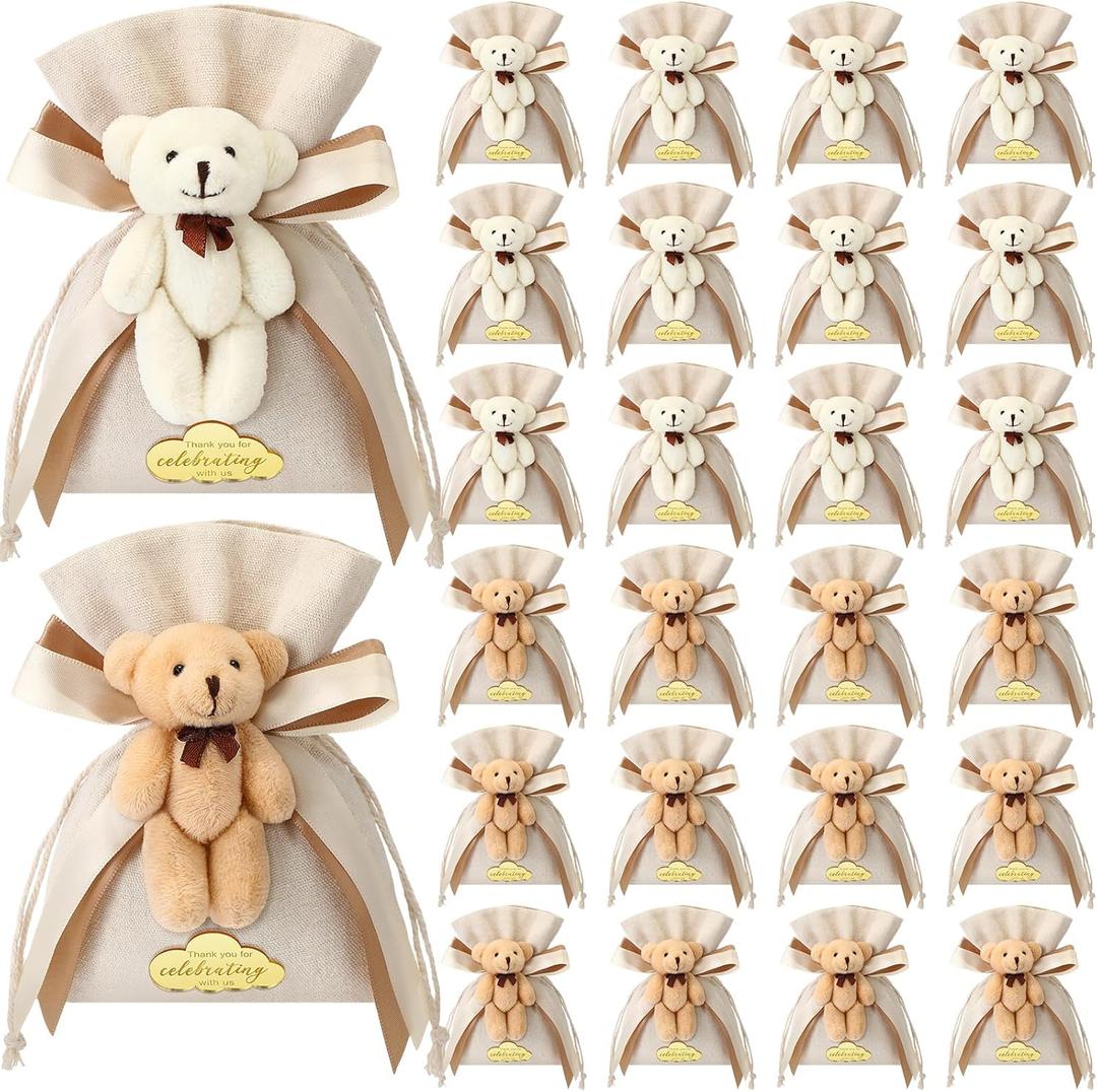 Shinylin 24 Pcs Gift Bags for Baby Shower 5.3 x 7.1 Inch Cute Plush Bear Party Favor Linen Drawstring Bag for Guest Bulk with Bear and Thank You Acrylic Sign Baby Shower Party Supplies(Beige)