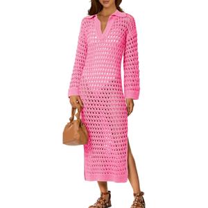 Saodimallsu Womens Crochet Swimsuit Cover Up V Neck Collared Long Sleeve Mesh Knit Long Beach Coverup Maxi Dress (Pink)