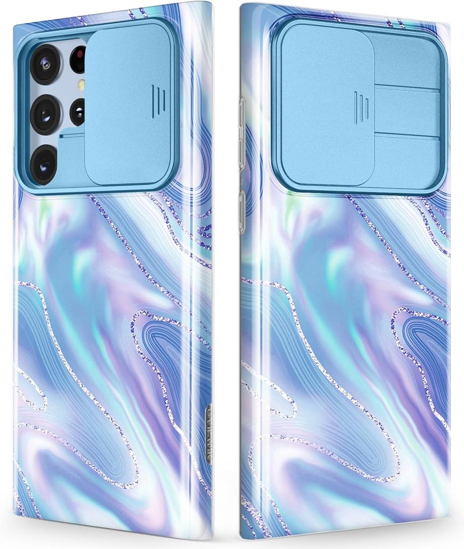GVIEWIN Designed for Samsung Galaxy S22 Ultra Case with Slide Camera Cover, [Military Grade Drop Protection] Marble Slim Fit Shockproof Protective Phone Case for S22 Ultra 5G 6.8" (Aurora/Azure Blue)