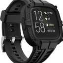 Compatible for Fitbit Versa 2 Bands All Round Protective Case Rugged Sport Band Wristbands for Men Women Black