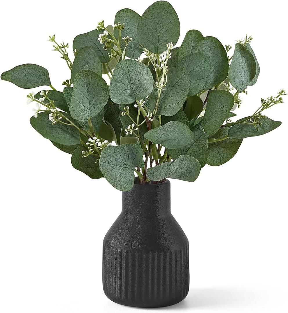 Dahey Artificial Eucalyptus Stems in Small Ceramic Vase Centerpiece Table Decorations Modern Farmhouse Decor Fake Eucalyptus Plants with Vase for Bathroom Kitchen Shelf Living Room Home Decor, Black
