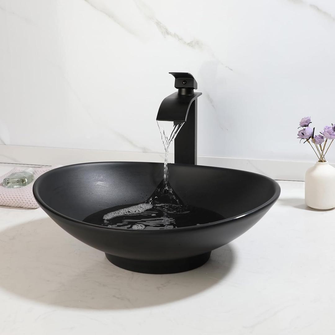 Bathroom Vessel Sink Oval Black With Faucet And Drain Combo Above Counter Washing Bowl Waterfall Faucet Mixer Brass Tap Set