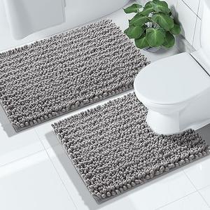 Yimobra Bathroom Rugs Sets 2 Piece - Quick Dry Extra Thick Luxury Chenille Bath Mat, Non Slip Super Absorbent for Tub Shower Sink, Machine Washable Shaggy Floor Mat, 24"x17+24"x20" Inch, Grey
