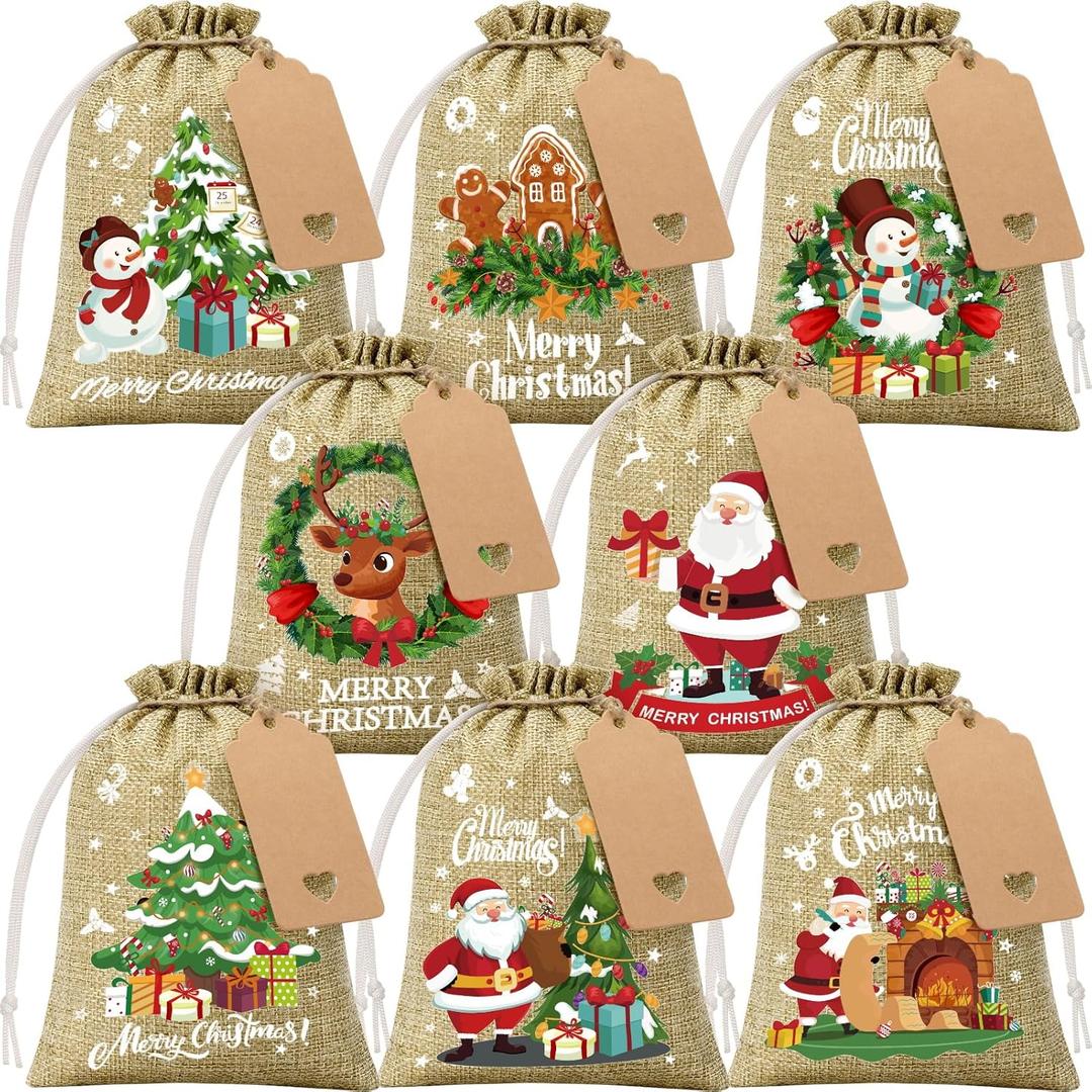 FLOE 24Pcs Christmas Burlap Gift Bags with Drawstring, 5x7in Christmas Linen Treat Bags with Tag Goody Gift Bag Small Jute Xmas Candy Reusable Gifts Wrapping Bag Xmas Holiday Party Favors Linen Sacks (1 Count (Pack of 24))
