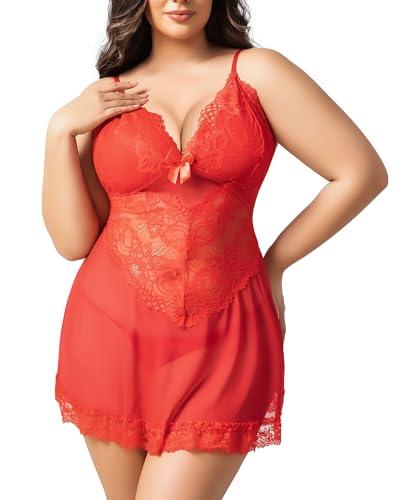 Moiie Plus Size Lingerie for Women Lace Chemise Sexy Mesh Chemise Teddy Babydoll Lingerie Exotic V Neck Sleepwear Red XL