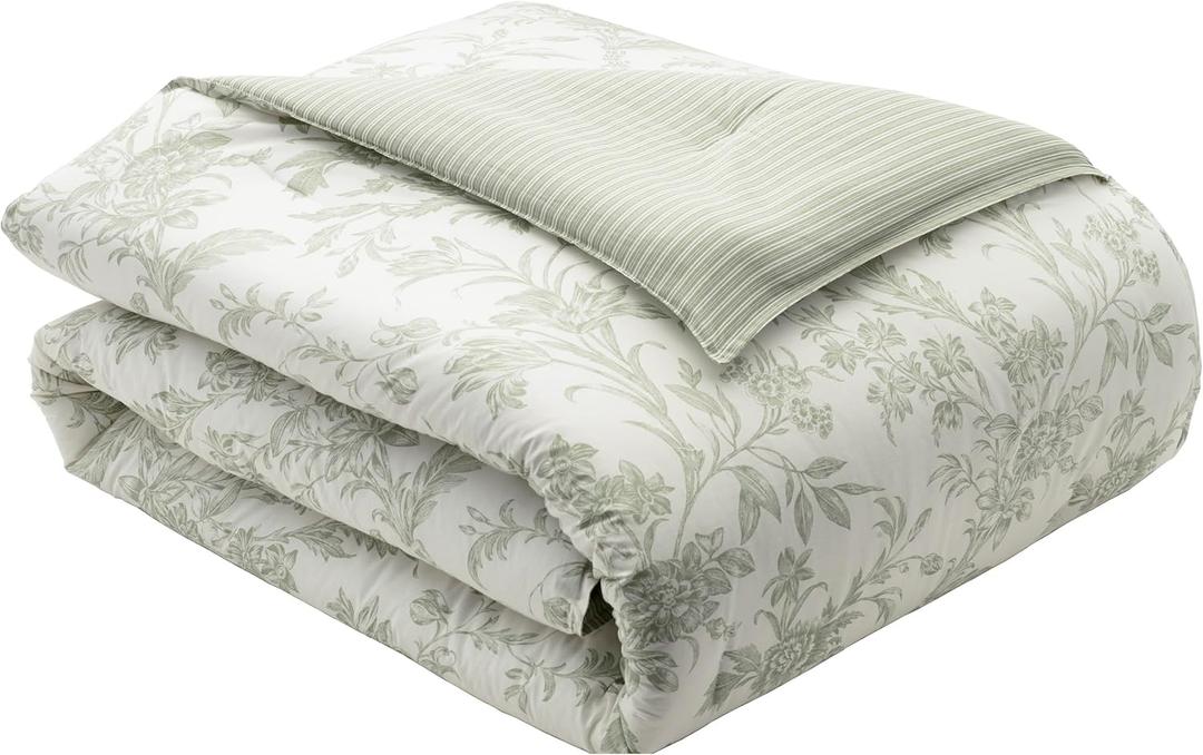 Laura Ashley Home - King Size Comforter Set, Reversible Cotton Bedding, Includes Matching Shams with Bonus Euro Shams & Throw Pillows (Natalie Sage/Off White, King)