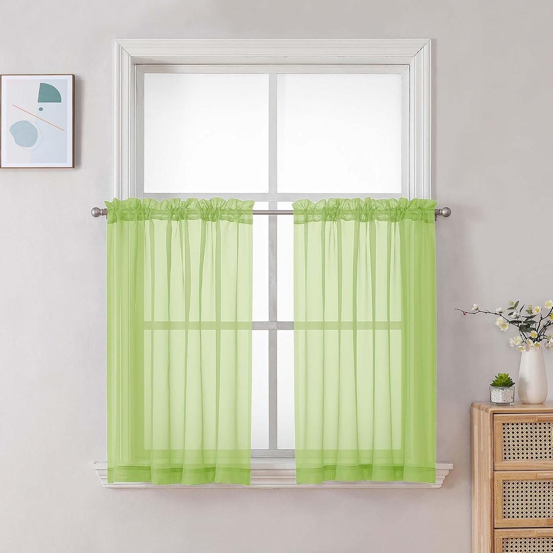 Chyhomenyc Sheer Curtains 36 inch Length 2 Panels Set, Light Filtering Voile Rod Pocket Short Window Curtians for Bathroom Living Room Farmhouse Small Windows, Each 42Wx36L in, 2PCS, Lime