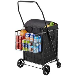 VEVOR Shopping Cart, Folding Grocery Utility Cart with Dual Baskets, Waterproof Liner & Wheels, 100 LBS Large Load Capacity, Heavy Duty Laundry Basket for Laundry, Shopping, Camping, Grocery, Luggage