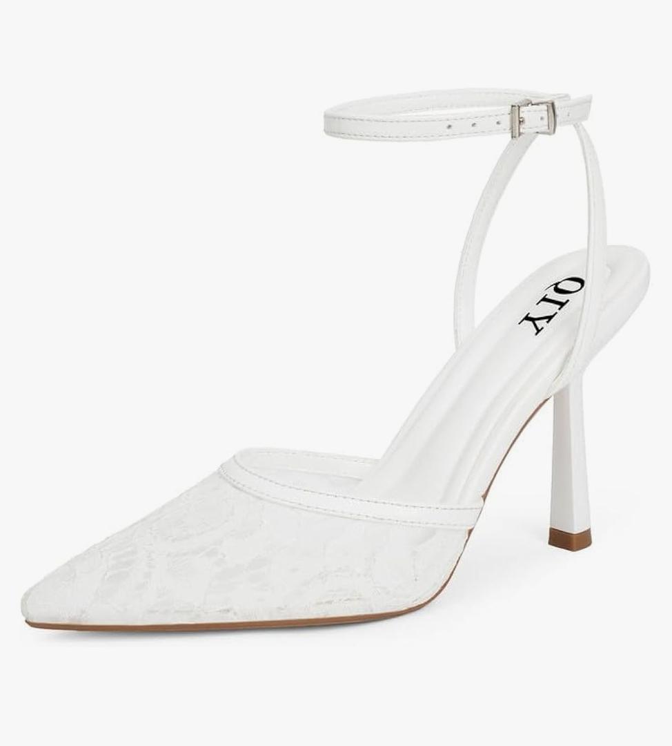 Closed Toe Ankle Strap Heels Women Pumps Pointed Toe Heeled Sandals for Women Stiletto Wedding Dress Shoes 7.5 White Lace