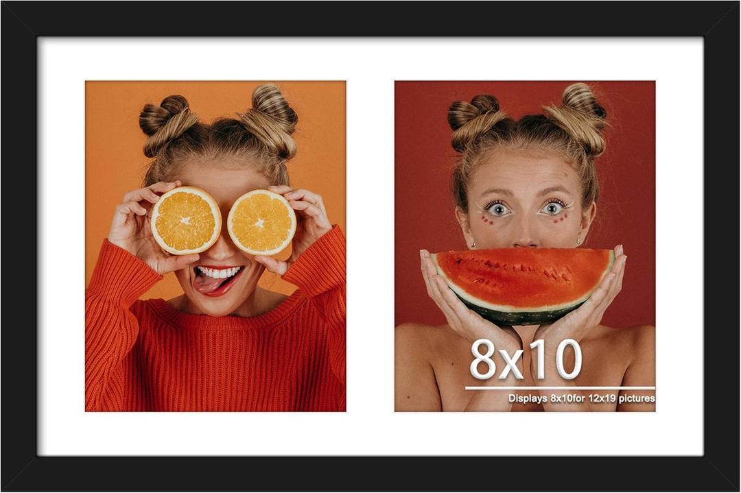 12x19 Double Picture Frame 8x10 Displays Two 8x10 inch Photos Collage Horizontal Wall Mounting Display and Vertical Black