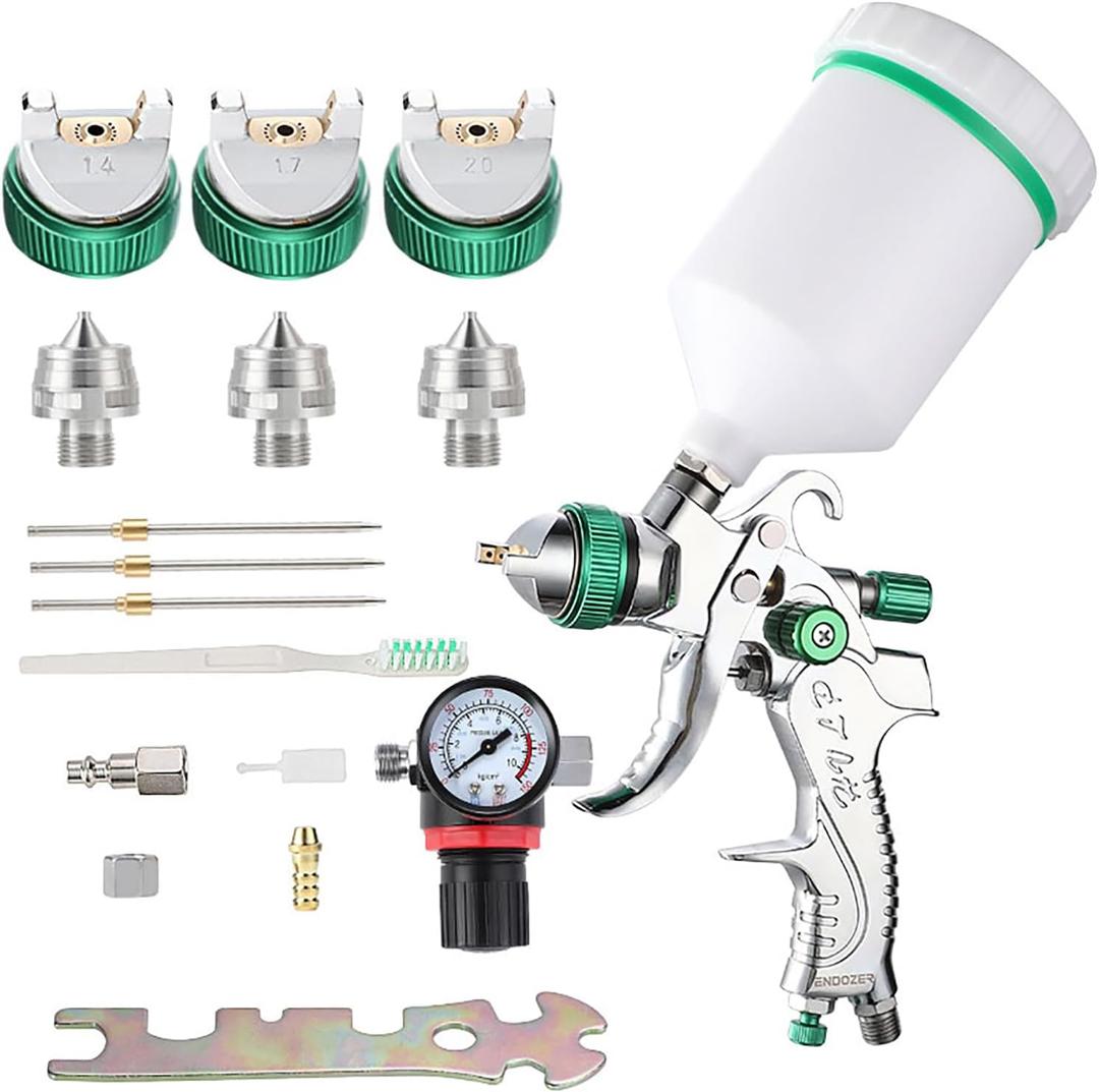 ENDOZER Professional HVLP Spray Set Gravity Feed Air Sprayer with 1.4, 1.7, 2.0mm Nozzles, 20oz (600cc) with Gauge for Auto Paint, Primer, Clear/Top Coat & Touch-Up (Not Suitable for Latex Paint)