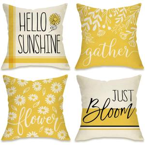 Fahrendom Hello Sunshine Decorative Throw Pillow Cover 20 x 20 Set of 4, Spring Summer Yellow Daisy Floral Flower Porch Patio Outdoor Pillowcase, Just Bloom Gather Sofa Couch Cushion Case Home Decor