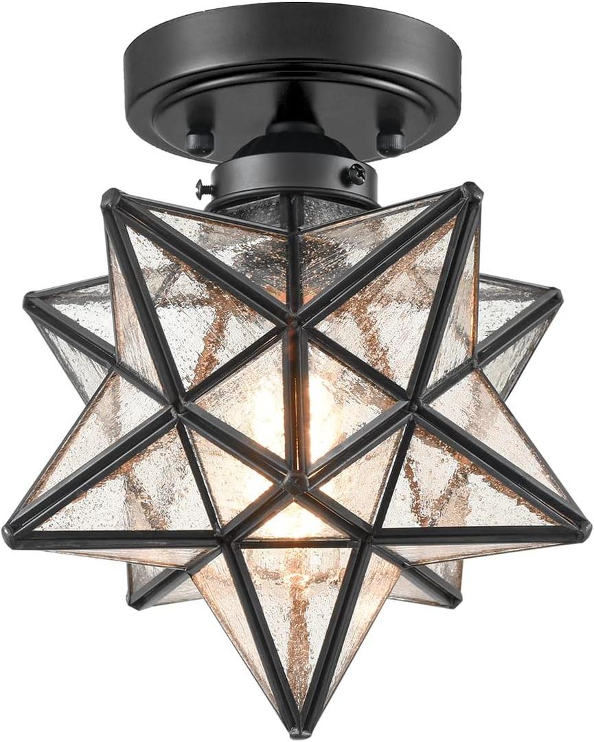 Moravian Star Light Flush Mount Ceiling Light Black with Seeded Glass Shade for Living Room Bedroom Kitchen Hallway, Seeded Glass 8in