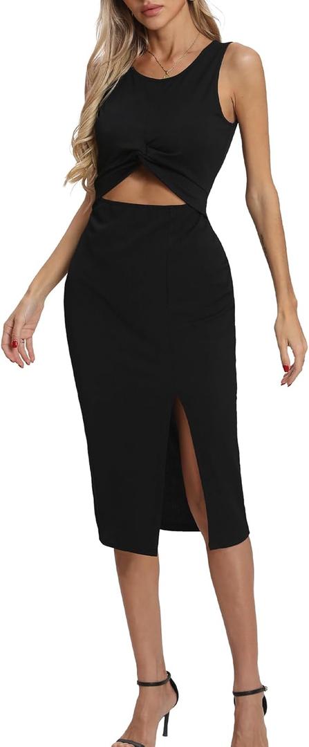 Women's Summer Dress with Slit Sleeveless Crew Neck Cutout Twist Front Crisscross Ribbed Knit Bodycon Midi Casual Dresses, Size XS