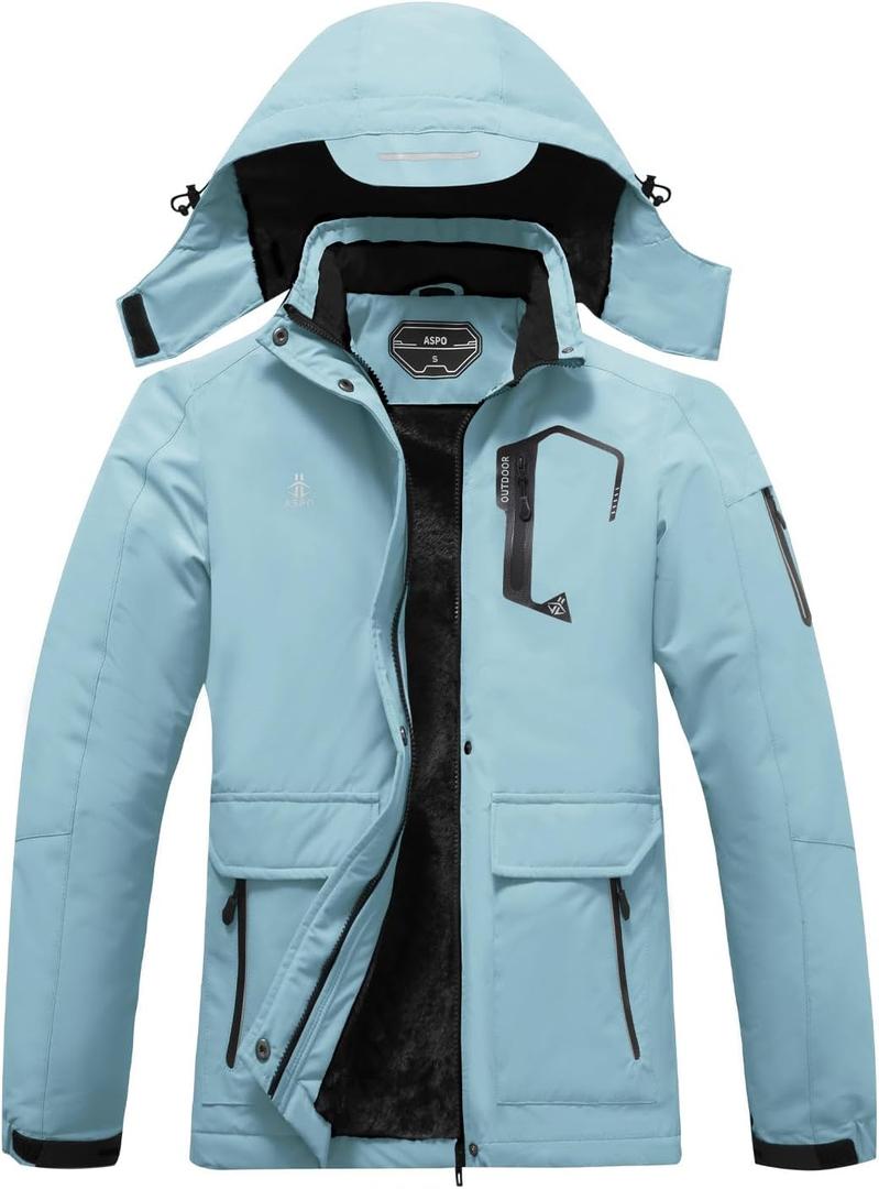 ASPO Women's Ski Jacket Waterproof Winter Jacket Insulated Warm Fleece Lined Windproof Snow Coats with Hood Snowboarding (Blue, L)