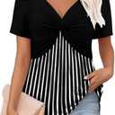 ONLYSHE Womens V Neck Shirts Short Sleeve Tops Front Knotted T Shirt Casual Solid&Floral Tunic Summer Henley Tees Blouse (L)