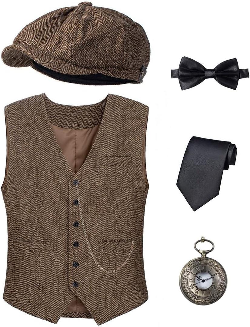 Kids 1920s Costume for Boys Vest Hat Pocket Watch Accessories Set Party Cosplay 3-14 Years (Dark Brown)
