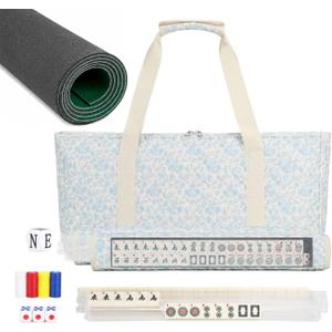 PiPiCat Complete American Mahjong Set, 166 Tiles (30mm) with 31.5x31.5in Mat One-Click Flip Reinforced 18-Inch Rack/Pushers Shockproof Bag & 6 Spare (Floral Beige), 52.5*26*8CM
