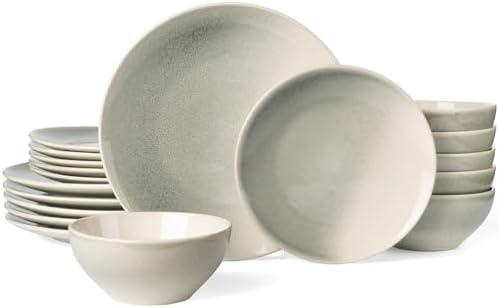 Famiware Glacier Dinnerware Sets, Plates and Bowls Dish Sets for 6 (18 Pieces), Stoneware Tableware - Dishwasher and Microwave Safe, Handcrafted Reactive Glaze, Sage Green