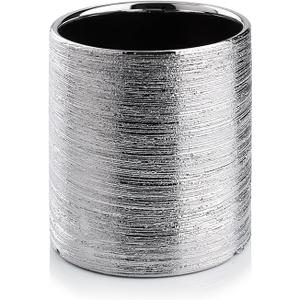WGVI Silver Etched Ceramic Cylinder Vase Width 3.75" Height 4", Flower Arrangements, Candle Holder, Terrarium Planter Pot, Storage Container Organizer, Pen Brush Holder, Scratched Texture, 1 Piece