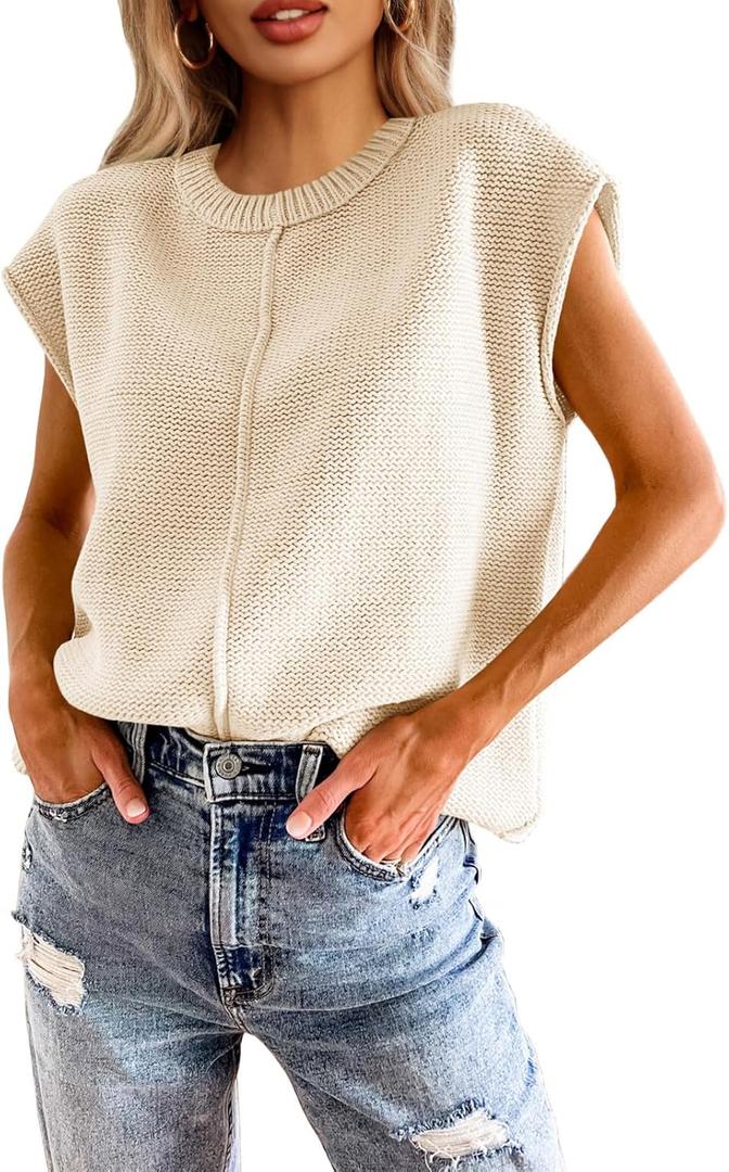 Saodimallsu Womens Summer Cap Sleeve Tops Casual Crew Neck Loose Fit Knit Lightweight Sweater Pullover Top (Small, Apricot)