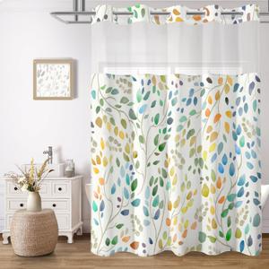 No Hook Shower Curtain with Snap in Liner Set, Boho Colorful Leaves Design, Waterproof Washable Fabric Floral Shower Curtains for Bathroom Decor with See Through Mesh Top Window 54x80 Inch