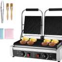 VEVOR Commercial Panini Grill, 3600W Electric Sandwich Panini Maker, Stainless Steel Double Sandwichs Press with Handle and Temp Control, 19x9 in Full Grooved Enamel Plate, for Hamburger Steak Bacon