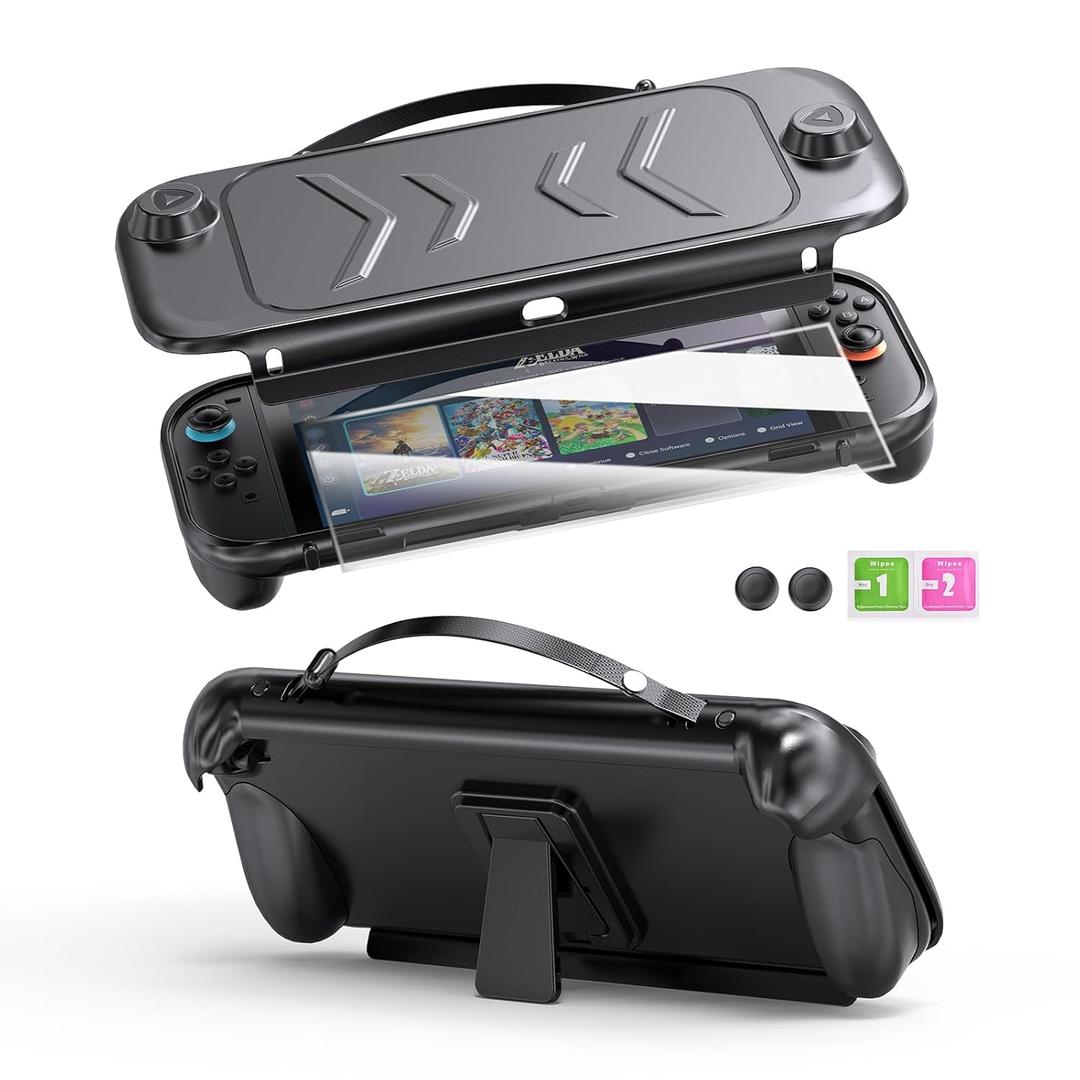 EJGAME TPU Protective Case with Front Cover Compatible with Nintendo Switch 2, Shock-Absorption, Non-Slip and Anti-Scratch Design Cover Protector with Tempered Glass Screen Protector and 2 Thumb Grip