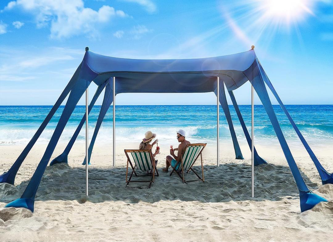 Beach Tent, Beach Canopy Sun Shade with UPF50+ UV Protection, 10x10ft, Includes 8 Sandbags, Sand Shovel, Ground Pegs & 4 Stability Poles, Pop Up Sun Shelter for Camping, Picnics, Backyard Fun