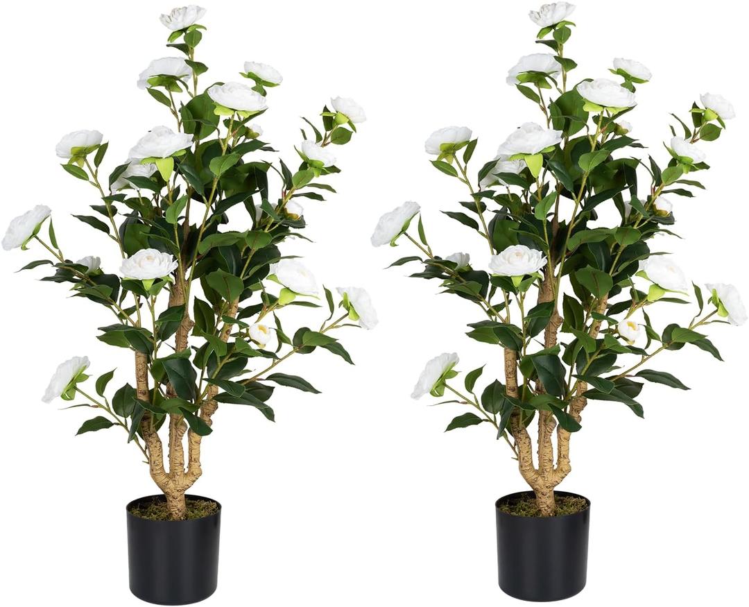 Artificial Camellia Tree 2 Pack, 38 Faux Camellia Plant in Pot with White Flowers, Greenery Potted Plant for Indoor Outdoor Office Home Porch Decor, White (3FT)