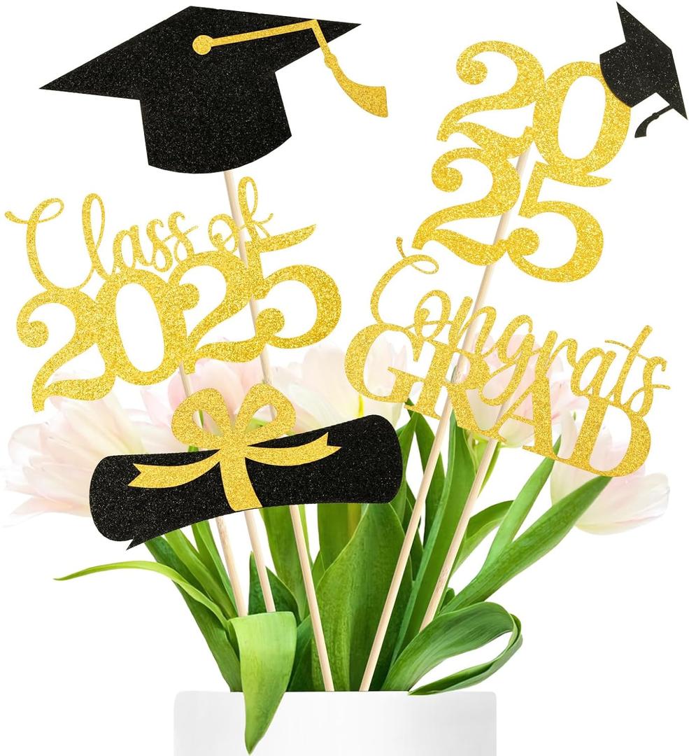 Graduation Decorations 2025  20PCS Graduation Centerpieces for Tables in 5 Black & Gold Designs, Class of 2025 Table Decorations for Grad Party, Photo Props/Flower Arrangement