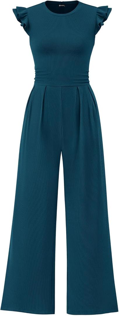 PRETTYGARDEN Summer Jumpsuits for Women Dressy 2026 Fashion Ruffle Cap Sleeve Romper Crew Neck Rib Knit One Piece Outfits (Medium, Lake Blue)