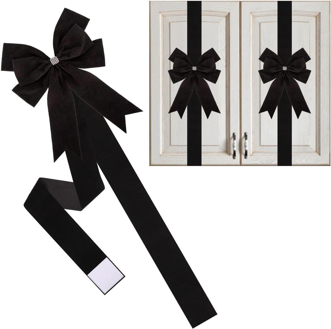 6 Pieces Cabinet Bows Large Black Velvet Ribbons Cabinet Door Bows for Thanksgiving Fall Haloween Christmas Party (Black)