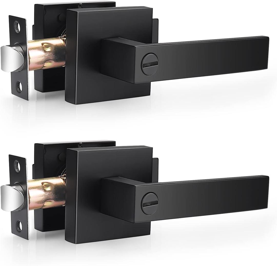 Probrico 2 Pack| Square Privacy Door Levers Matte Black Bed Bath Door Handles, Keyless Interior Door Lockset Heavy Duty Leversets for Left or Right Handed Doors