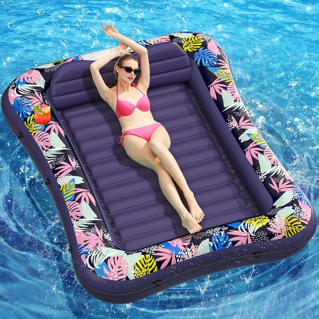 Tanning Pool Lounger Float, OKSUWATER 75" x 51" Pool Floats Adult with Headrest & Drink Holder, Blow-Up Bed Sun Tan Tub for Sunbathing, Beach, Backyard, Outdoor, Summer Water Party (Purple-L)