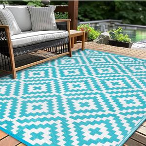 Outdoor Patio Plastic Straw Rug - 4x6 ft Outdoor Camping Rug Waterproof Reversible, Area Carpet Patios Clearance RV, Outside Porch Balcony Deck for Camper, Blue & White