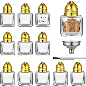 12 Pcs 0.5 oz Cube Shape Small Salt and Pepper Shakers with Tone Tops Clear Mini Glass Seasoning Jars Spice Salt Shakers with Funnel for Wedding Party Restaurant Home Kitchen (12, Gold)