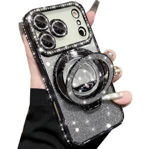 Glitter Kickstand Case for iPhone 17 Pro,Cute Luxury Bling Sparkly Diamond Rhinestones with Camera Lens Protector Liquid Flowing Ring Stand TPU Bumper Women Girls Case for iPhone 17 Pro,Black