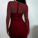 BORIFLORS Women's Sexy Ruched Bodycon Mini Dress Mesh Long Sleeve Club Party Short Dresses (Red) XS