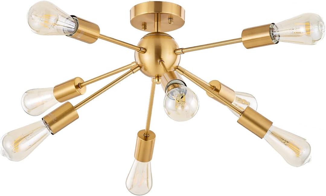 BONLICHT Sputnik Ceiling Light Brushed Brass 8 Light Modern Chandelier Lighting Gold Mid Century Semi Flush Mount Starburst Style Ceiling Lamp for Kitchen Dining Room Bedroom