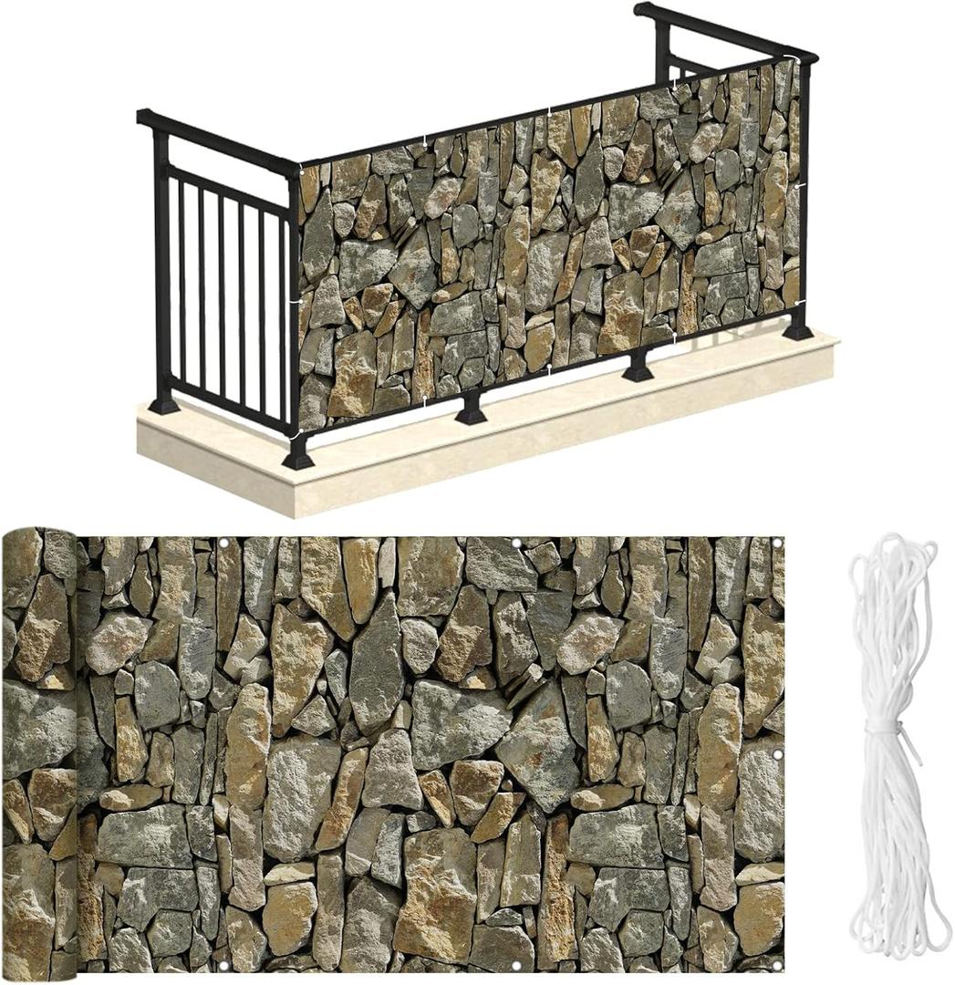 NAIMORUI PVC Balcony Privacy Screen Decorative Balcony Cover with Nylon Rope- 34'' x 180''(Stone)