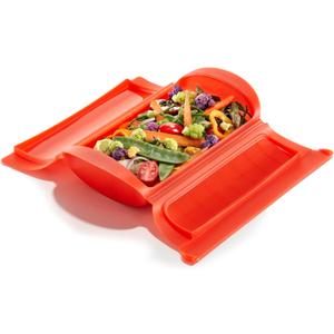 Lku 1-2 Person Steam Microwave Cooking Case with Draining Tray & 10min Cookbook (Red) 100% Silicone BPA-Free Family Portion Steam Cooking Container for Meals, Vegetables, Meat, Fish & More