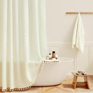 BTTN Cream Boho Farmhouse Shower Curtain, Tufted Leaves Textured Striped Fabric Shower Curtain Set with Tassels, Water Repellent, Modern Minimalist Vintage Cloth Shower Curtains for Bathroom, 72 x 72