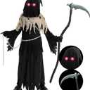 Spooktacular Creations Halloween Glowing Eyes Grim Reaper Costume for Kids, Dark Knight Reaper Phantom Costume for Halloween Dress Up-S(5-7yr)