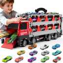 Carrier Truck Race Track Toddlers Toys, Toy Truck Transport Car with 12 Die-Cast Toy Cars, Truck Car Kids Toys Xmas Birthday Gifts for Age 3 4 5 6 7 8 Years Old Boys Girls (Red)